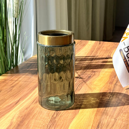 Aqua Embossed Glass Vase With Metal Top