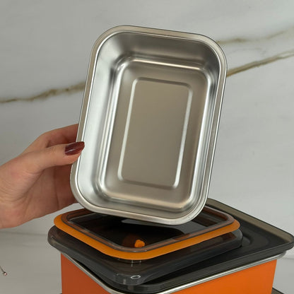 کۆمەڵێک دەفری هەڵگرتنی خۆراکی پۆڵا بە 3 قەبارە لەگەڵ سەرەکانی- لاکێشەیی 