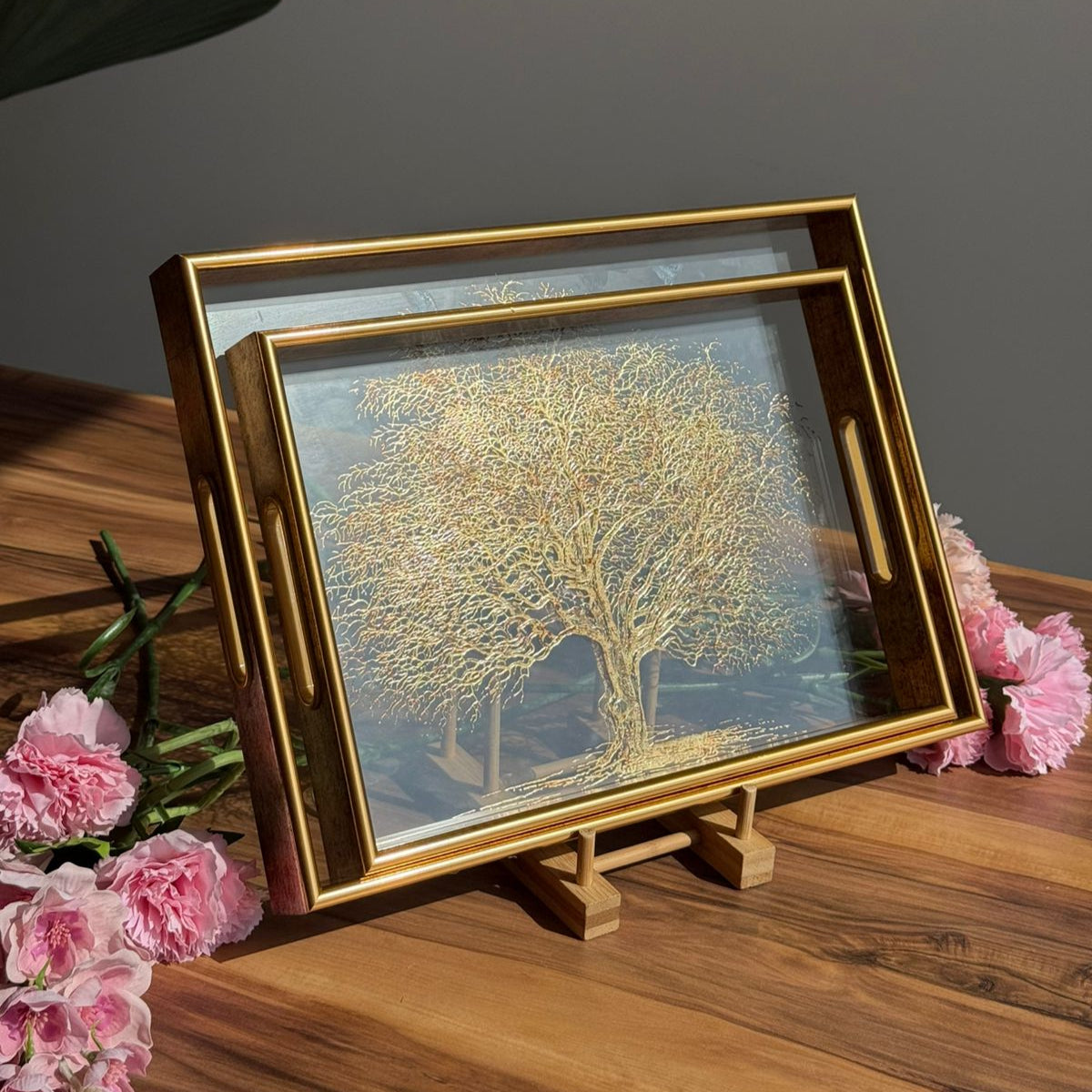 Luxury Serving Tray with Gold Tree Artwork