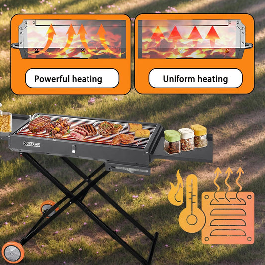 Foldable Charcoal BBQ Grill with Side Trays & Wheels