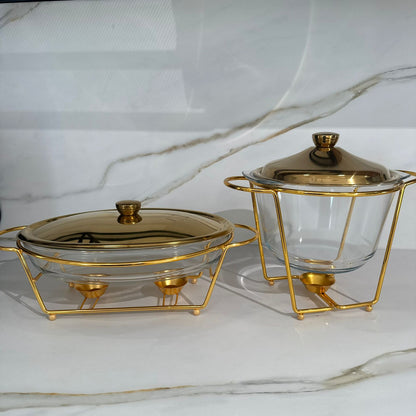 مجموعة أطباق تقديم الطعام الزجاجية الذهبية الفاخرة - تصاميم بيضاوية ودائرية