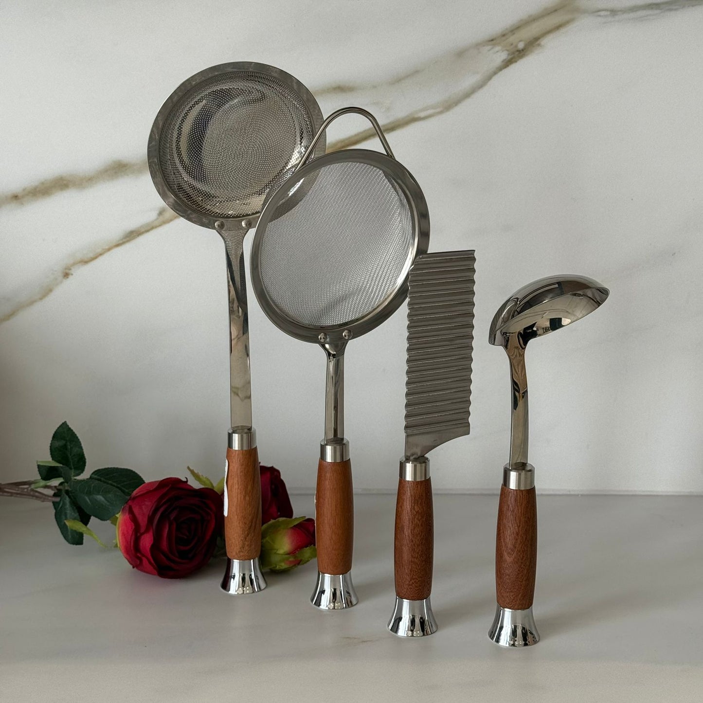 Stainless Steel Kitchen Utensil Collection with Wooden Handles