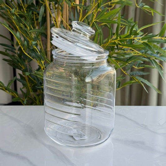 جرة تخزين زجاجية شفافة مع غطاء