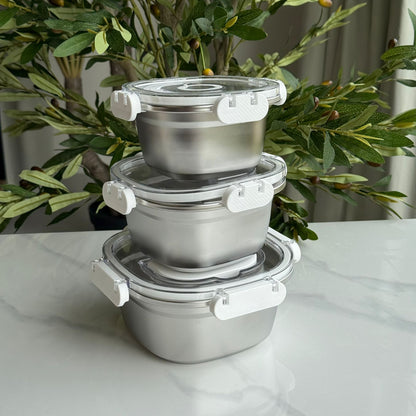 3 PCS – Elegant Airtight Silver Stainless Steel Bowl Set with Lids