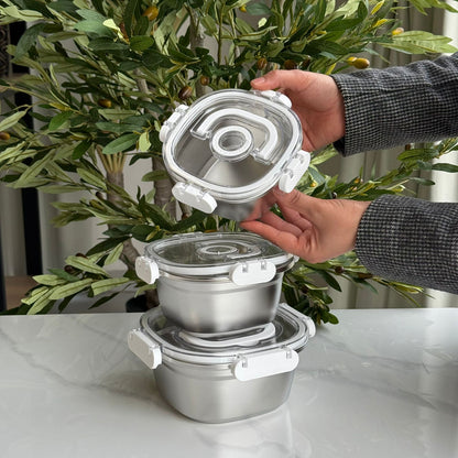 3 PCS – Elegant Airtight Silver Stainless Steel Bowl Set with Lids