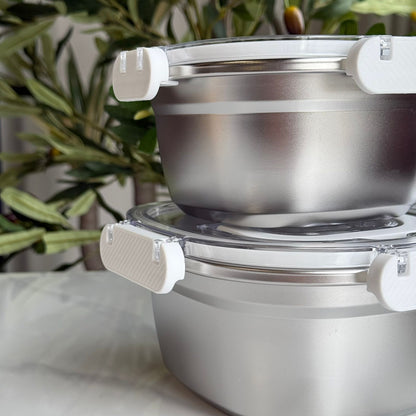 3 PCS – Elegant Airtight Silver Stainless Steel Bowl Set with Lids