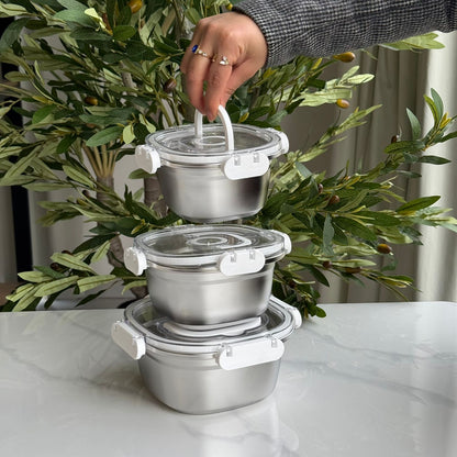 3 PCS – Elegant Airtight Silver Stainless Steel Bowl Set with Lids