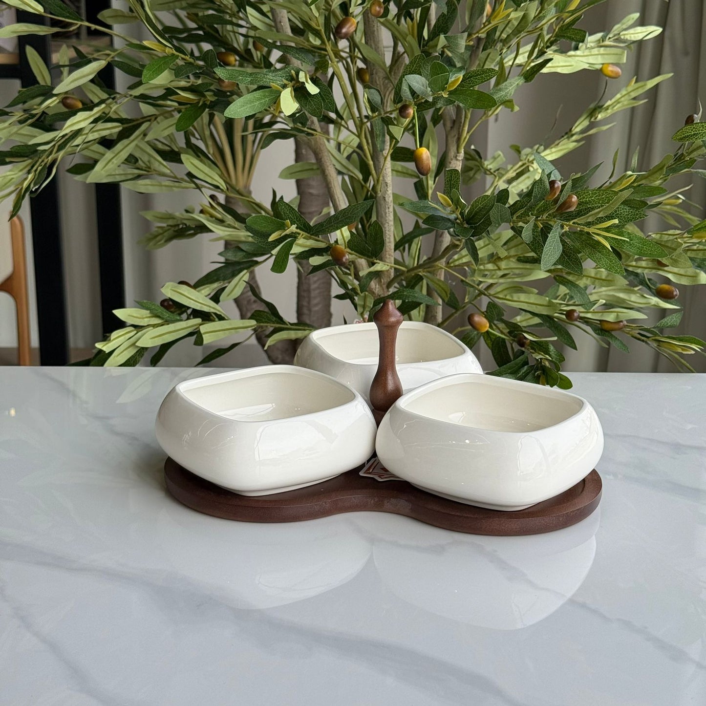 طقم أوعية تقديم سيراميك مكون من 3 قطع مع حامل خشبي