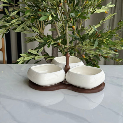 طقم أوعية تقديم سيراميك مكون من 3 قطع مع حامل خشبي