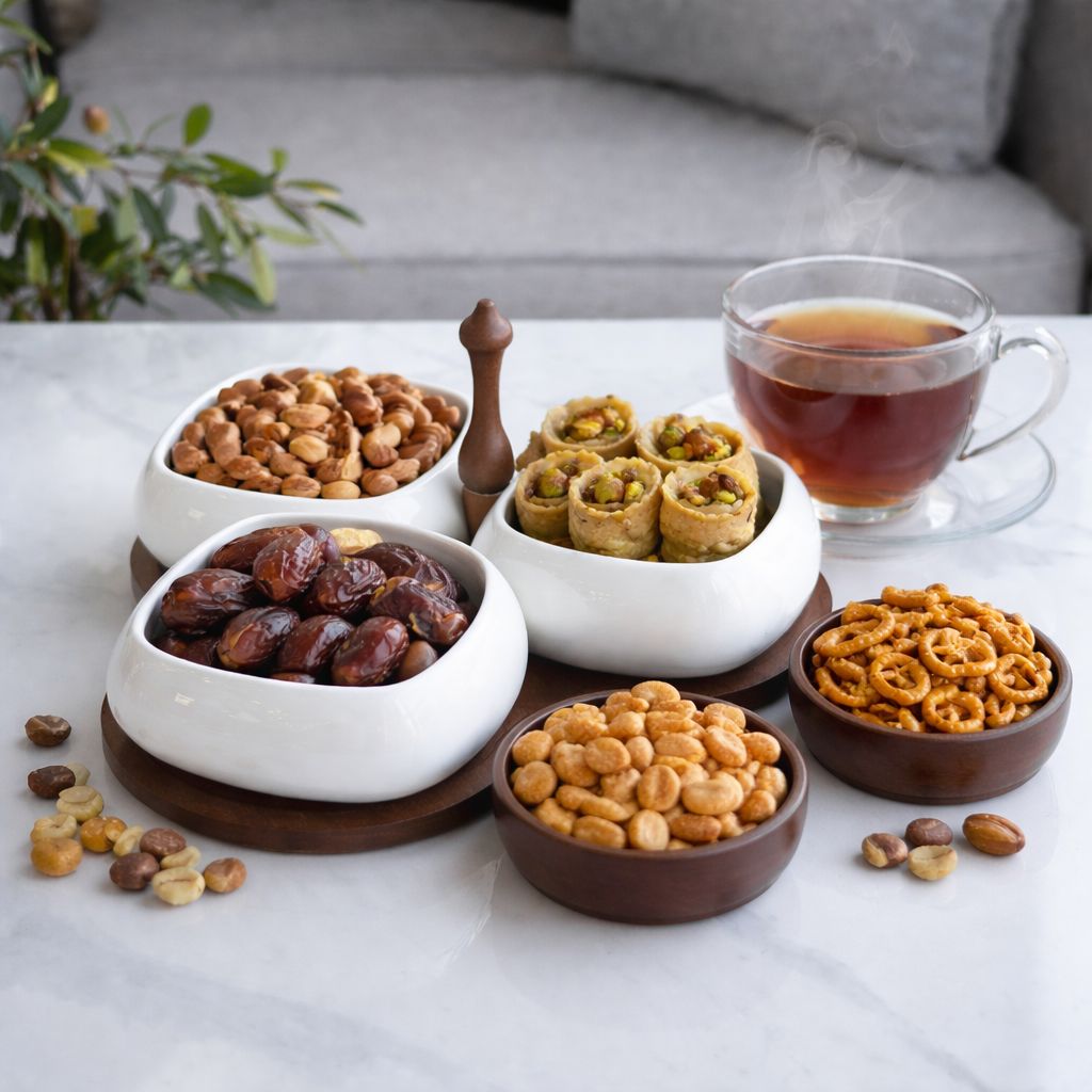 طقم أوعية تقديم سيراميك مكون من 3 قطع مع حامل خشبي