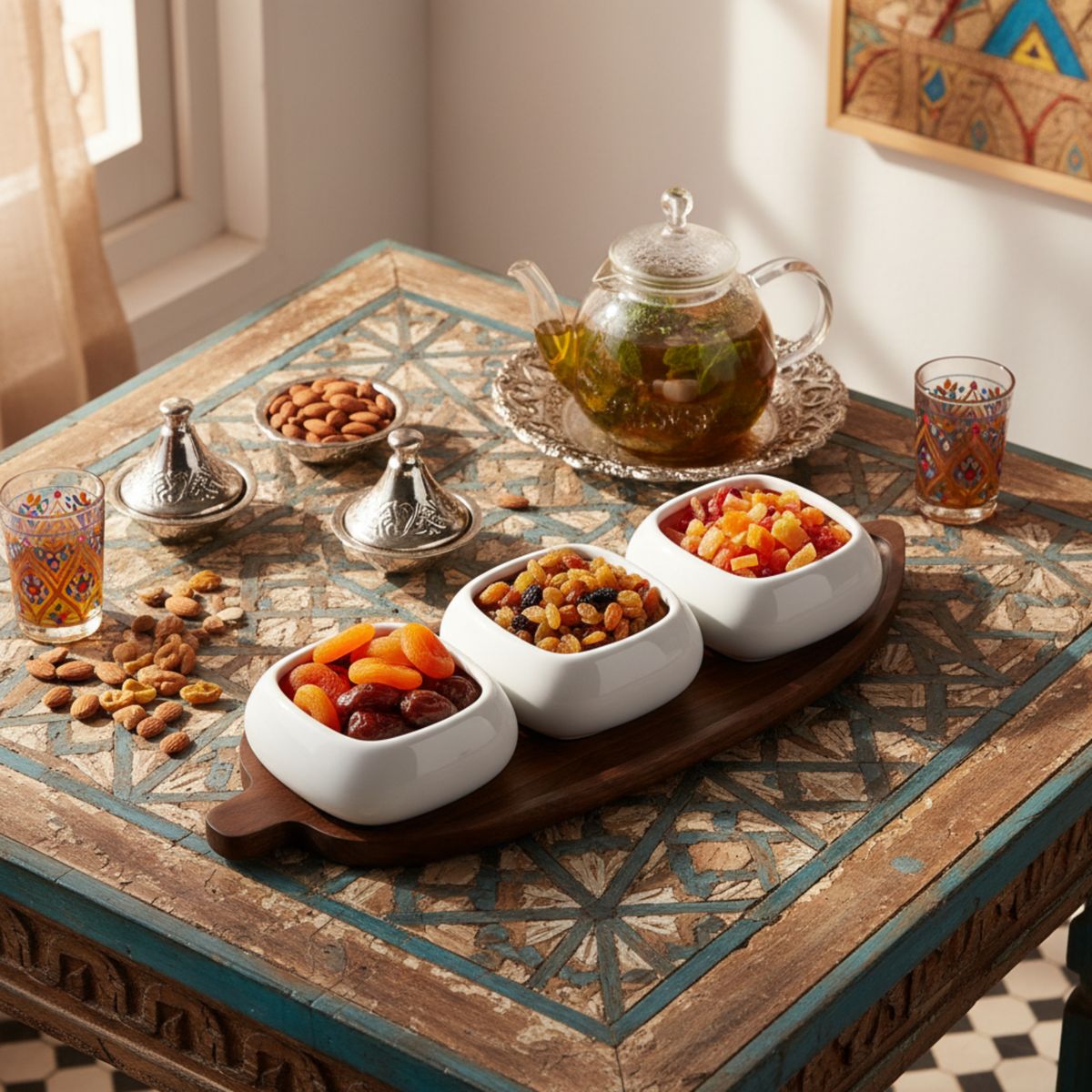 سێتێکی سێ پارچەی ناوازەی قاپی پێشکەشکردن لەگەڵ ستاندی پێشکەشکردنی دار