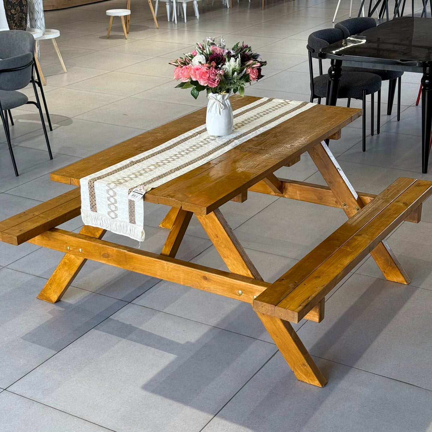 Classic Wood Outdoor Picnic Table with Built-In Benches