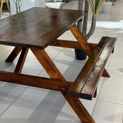Classic Wood Outdoor Picnic Table with Built-In Benches