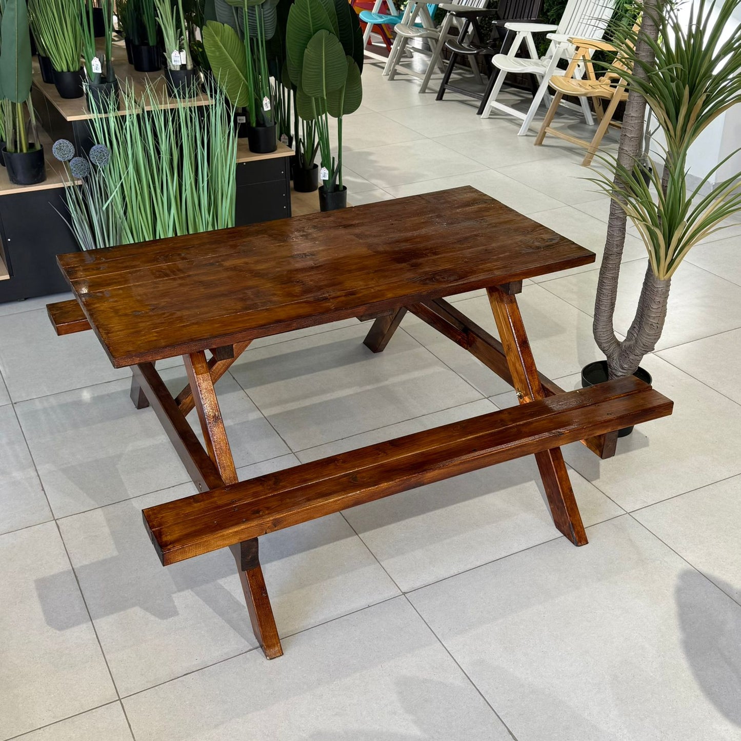 Classic Wood Outdoor Picnic Table with Built-In Benches