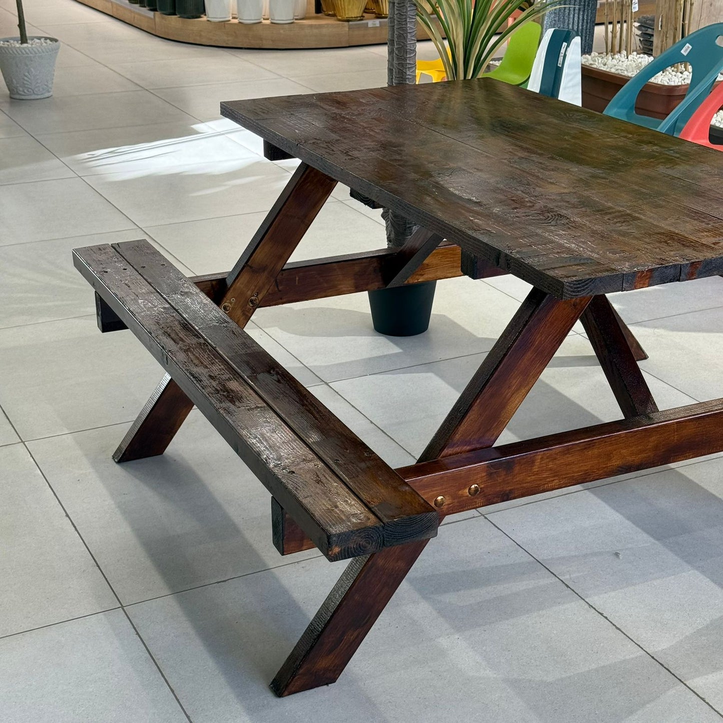 Classic Wood Outdoor Picnic Table with Built-In Benches