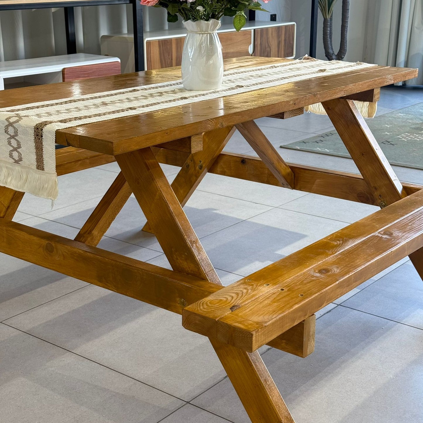 Classic Wood Outdoor Picnic Table with Built-In Benches