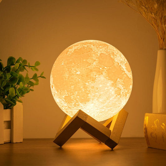 3D Moon Lamp with Wooden Stand – LED Night Light