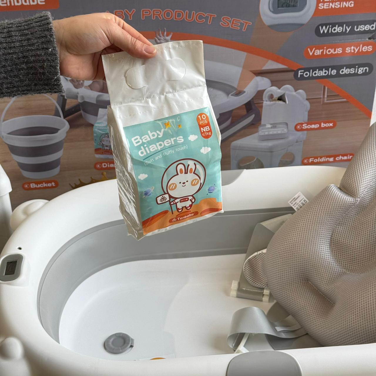 Foldable Baby Bathtub Set with Temperature Sensor & Accessories
