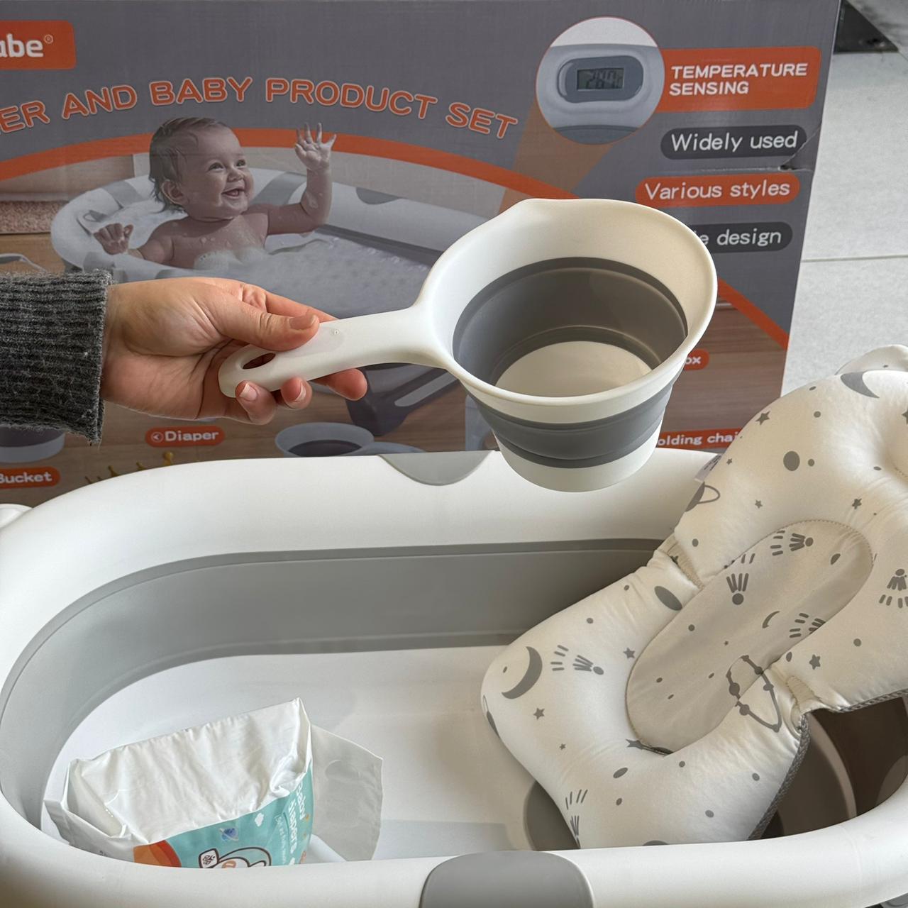 Foldable Baby Bathtub Set with Temperature Sensor & Accessories