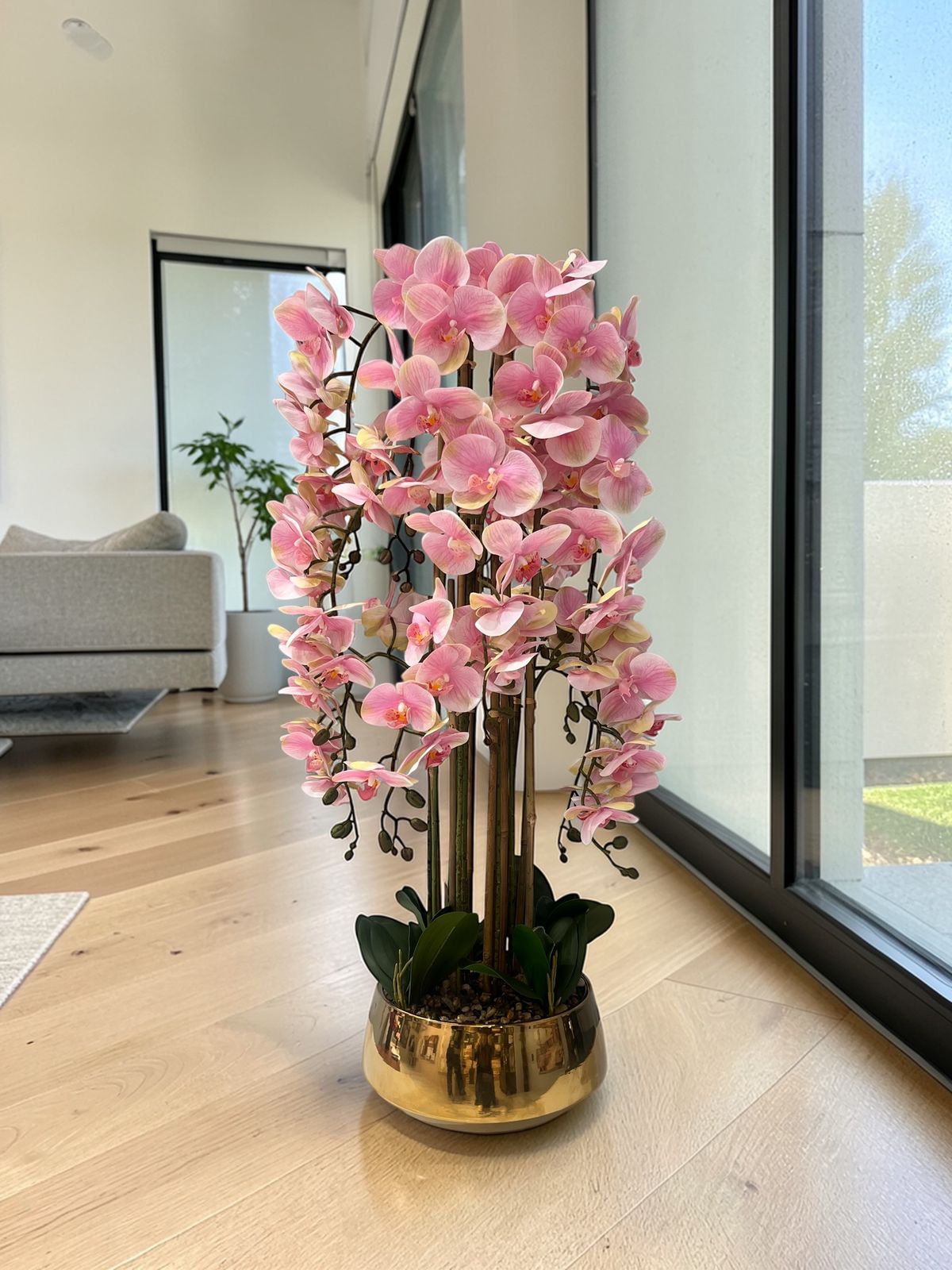 Luxury Pink Orchid Artificial Flower Arrangement with Gold Decorative Vase