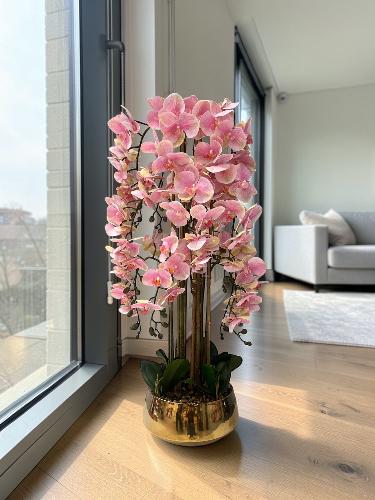 Luxury Pink Orchid Artificial Flower Arrangement with Gold Decorative Vase