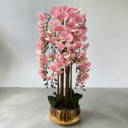 Luxury Pink Orchid Artificial Flower Arrangement with Gold Decorative Vase