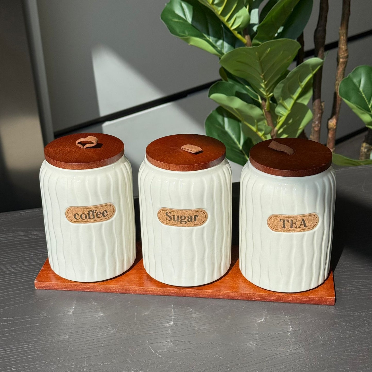 Elegant Ceramic Coffee, Sugar & Tea Storage Jar Set with Wooden Lids