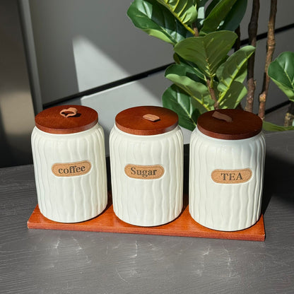 Elegant Ceramic Coffee, Sugar & Tea Storage Jar Set with Wooden Lids