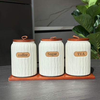 Elegant Ceramic Coffee, Sugar & Tea Storage Jar Set with Wooden Lids