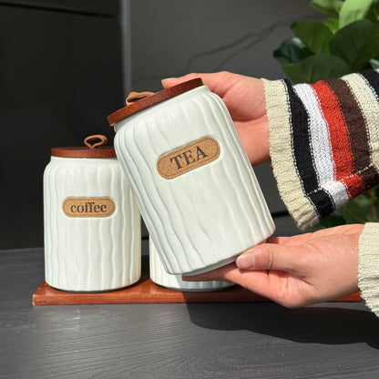 Elegant Ceramic Coffee, Sugar & Tea Storage Jar Set with Wooden Lids