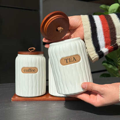Elegant Ceramic Coffee, Sugar & Tea Storage Jar Set with Wooden Lids