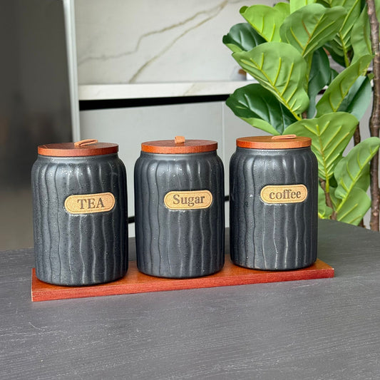 Elegant Ceramic Coffee, Sugar & Tea Storage Jar Set with Wooden Lids