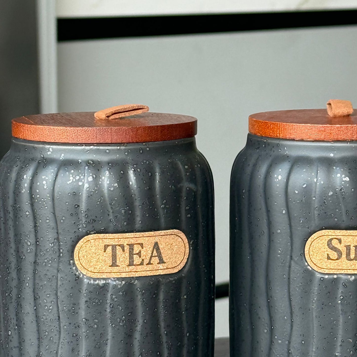 Elegant Ceramic Coffee, Sugar & Tea Storage Jar Set with Wooden Lids