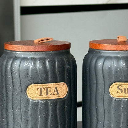 Elegant Ceramic Coffee, Sugar & Tea Storage Jar Set with Wooden Lids