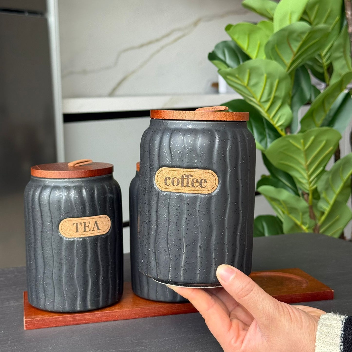 Elegant Ceramic Coffee, Sugar & Tea Storage Jar Set with Wooden Lids