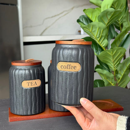 Elegant Ceramic Coffee, Sugar & Tea Storage Jar Set with Wooden Lids