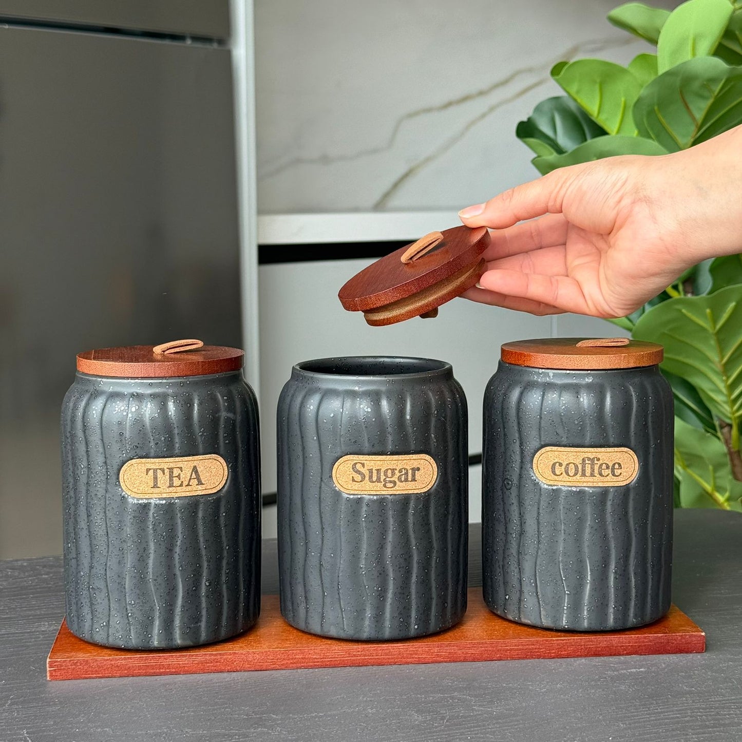 Elegant Ceramic Coffee, Sugar & Tea Storage Jar Set with Wooden Lids
