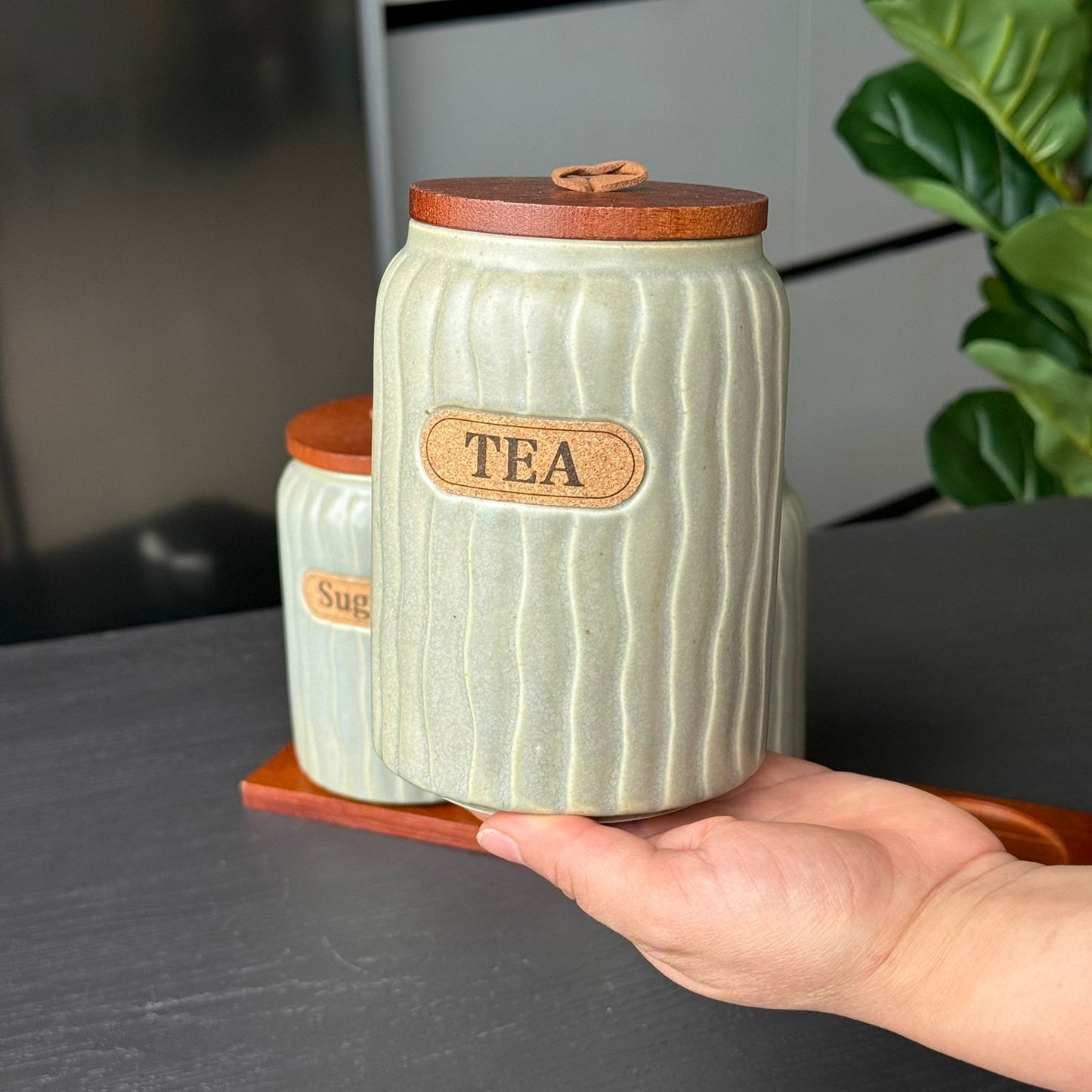 Elegant Ceramic Coffee, Sugar & Tea Storage Jar Set with Wooden Lids