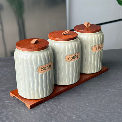 Elegant Ceramic Coffee, Sugar & Tea Storage Jar Set with Wooden Lids