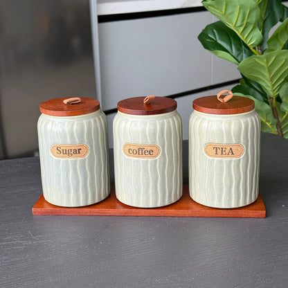 Elegant Ceramic Coffee, Sugar & Tea Storage Jar Set with Wooden Lids
