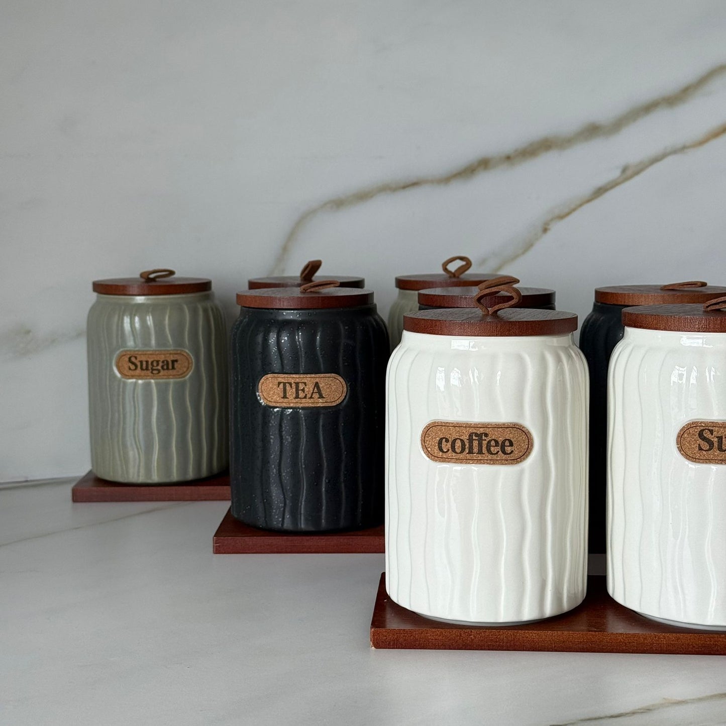 Elegant Ceramic Coffee, Sugar & Tea Storage Jar Set with Wooden Lids