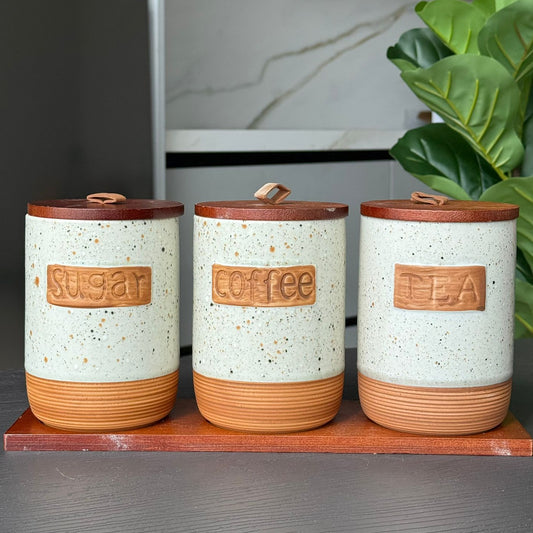 Luxury Ceramic Coffee, Sugar & Tea Storage Jar Set with Wooden Lids