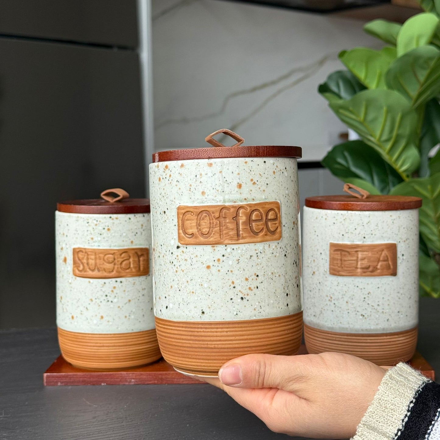 Luxury Ceramic Coffee, Sugar & Tea Storage Jar Set with Wooden Lids