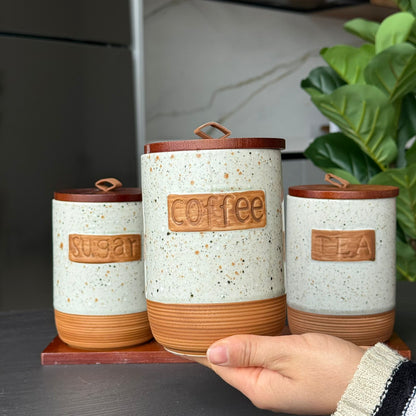 Luxury Ceramic Coffee, Sugar & Tea Storage Jar Set with Wooden Lids