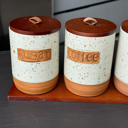 Luxury Ceramic Coffee, Sugar & Tea Storage Jar Set with Wooden Lids