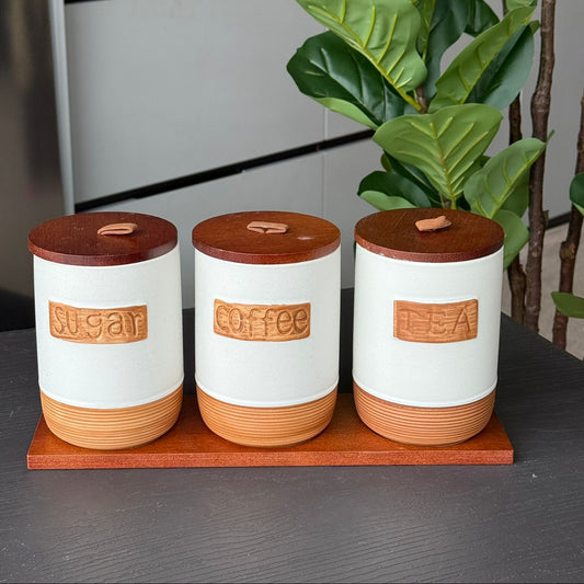 Luxury Ceramic Coffee, Sugar & Tea Storage Jar Set with Wooden Lids