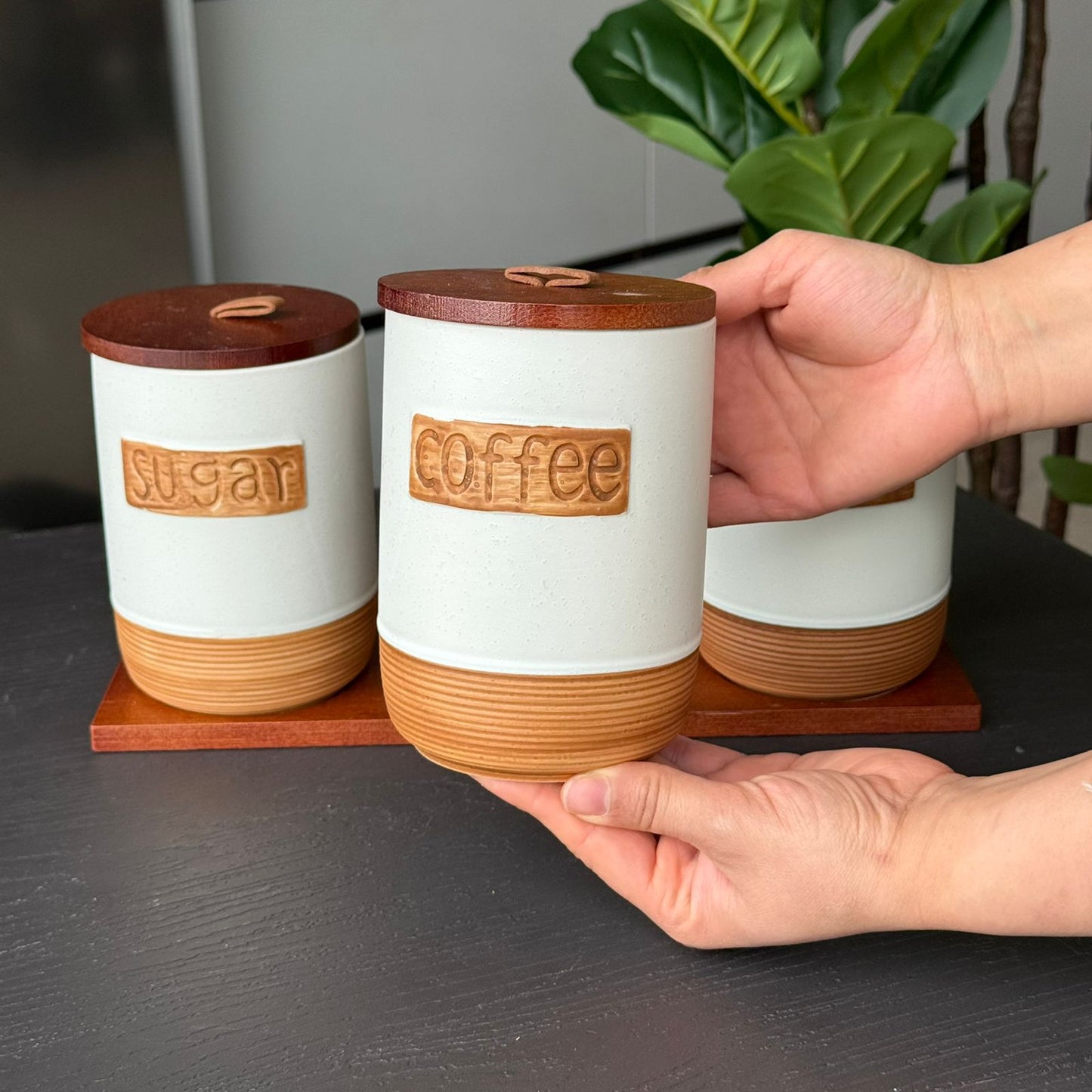 Luxury Ceramic Coffee, Sugar & Tea Storage Jar Set with Wooden Lids