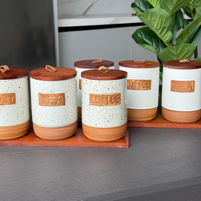 Luxury Ceramic Coffee, Sugar & Tea Storage Jar Set with Wooden Lids