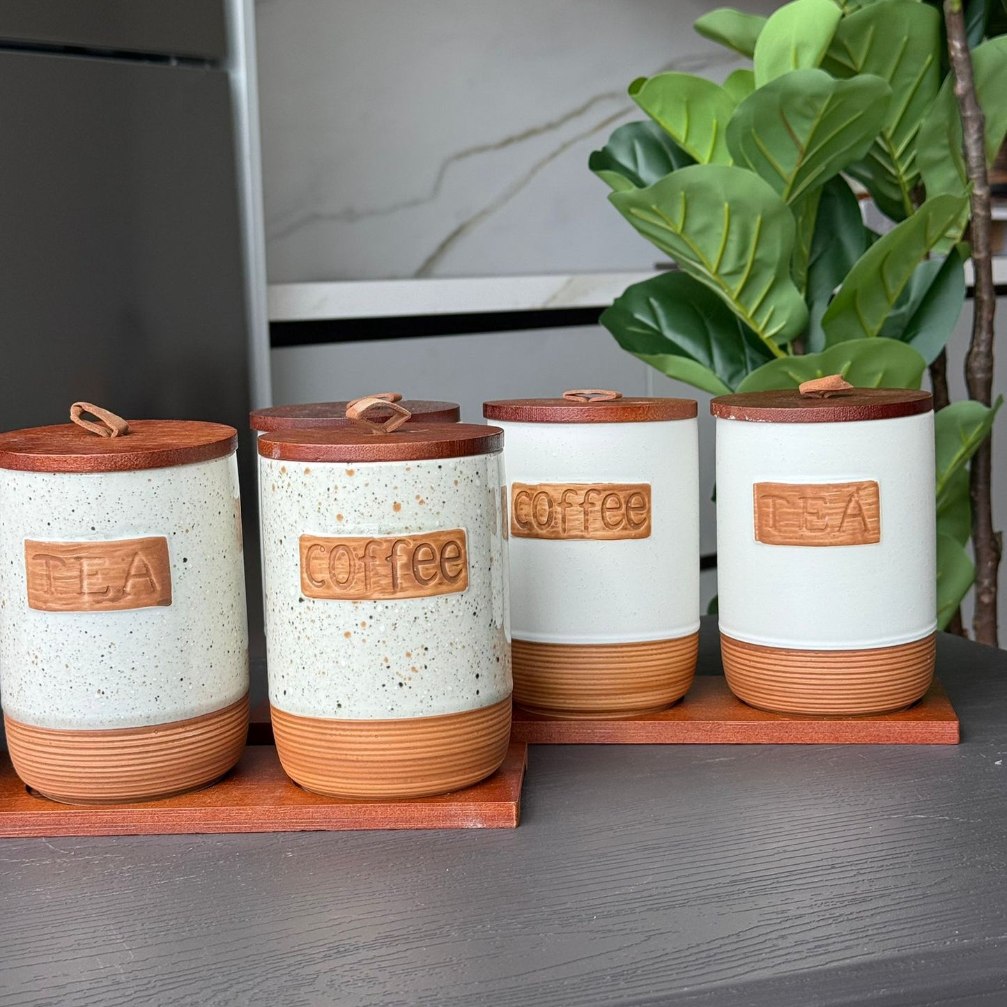 Luxury Ceramic Coffee, Sugar & Tea Storage Jar Set with Wooden Lids