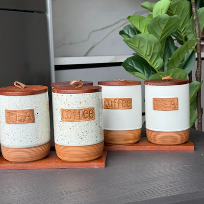Luxury Ceramic Coffee, Sugar & Tea Storage Jar Set with Wooden Lids